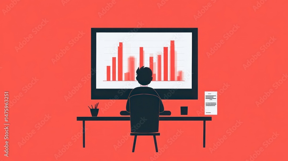 Poster analyzing data: a person reviewing charts and graphs on a computer