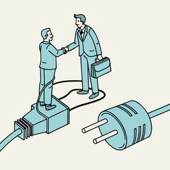 Business deal illustration two executives shaking hands connected through plug and cable