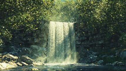 A serene waterfall cascading down a rocky cliff, surrounded by dense green forest, the sunlight filtering through the leaves.