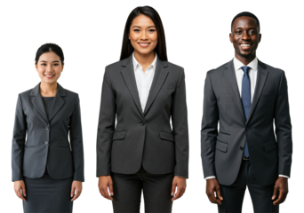Three diverse young adult business professionals, two Asian women and one Black man, standing and smiling in grey suits against a transparent background.