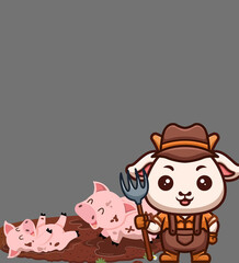 a cow taking care of a pig rolling around in the mud.