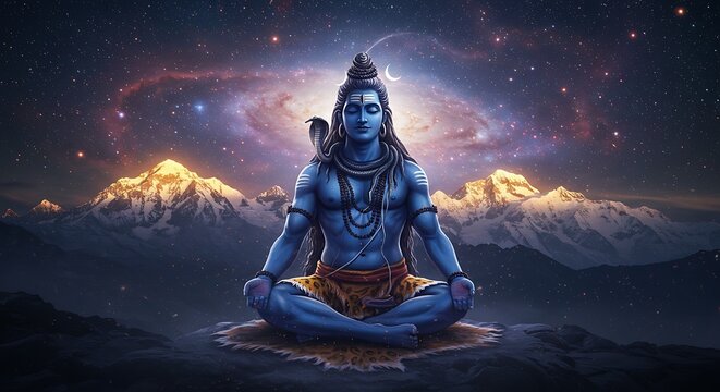 Lord Shiva in Deep Meditation amidst Himalayan Peaks and Celestial Wonders