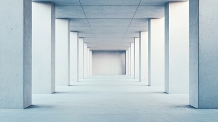 Concrete pillars create a modern and sleek aesthetic in a futuristic empty space, illuminated by soft shadows