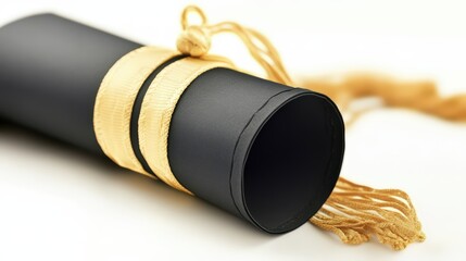 Detailed shot of a sophisticated black diploma roll with golden ribbon