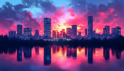 Fototapeta premium Vibrant cityscape at sunset, reflected in calm water, showcasing a colorful sky and city lights