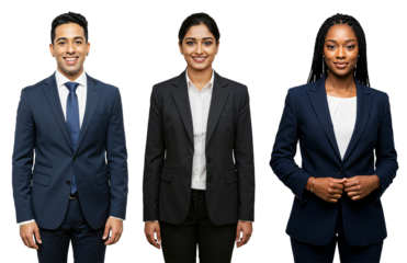 Studio portrait of a diverse group of three smiling business professionals, including one South Asian male in a blue suit and two females (one South Asian, one African) in dark suits.