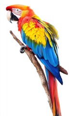 Fototapeta premium Scarlet Macaw Parrot on Branch, Vibrant Tropical Bird on White Background