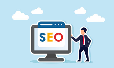 Businessman standing beside monitor displaying SEO interface digital marketing analysis illustration