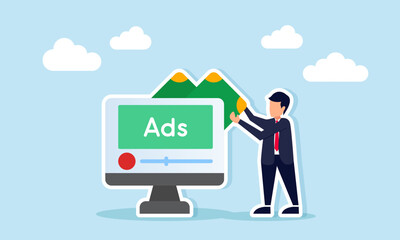 Businessman withdrawing money from monitor displaying ADS interface digital advertising profit illustration