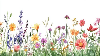 Vibrant Wildflower Meadow, Watercolor Painting of Colorful Spring Flowers in a Summer Field