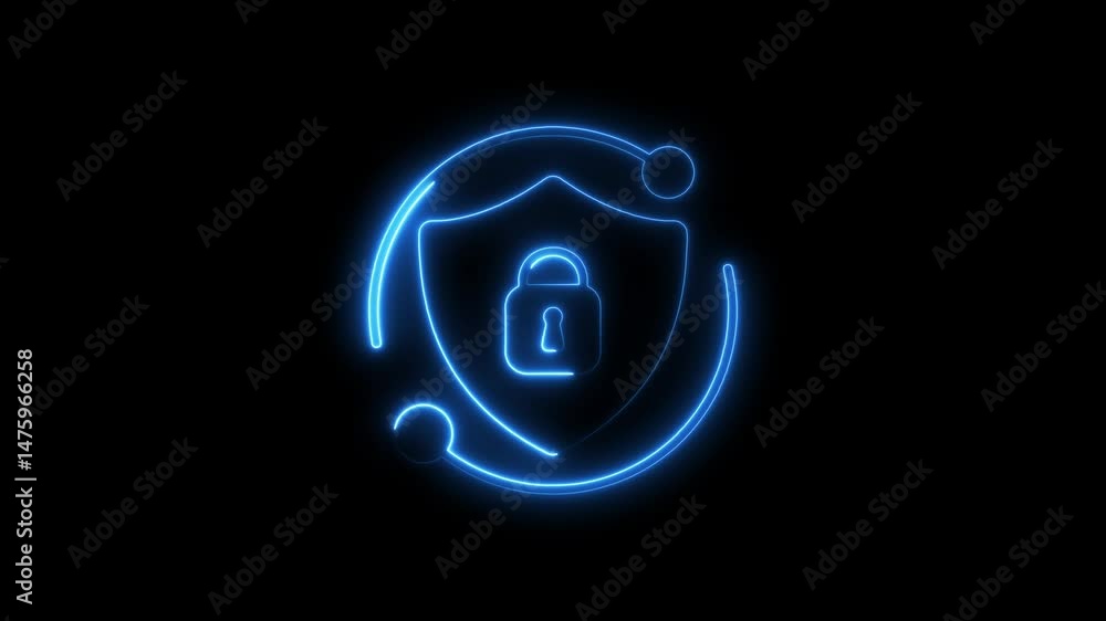 Poster animated neon glowing shield and lock symbol representing data security and protection