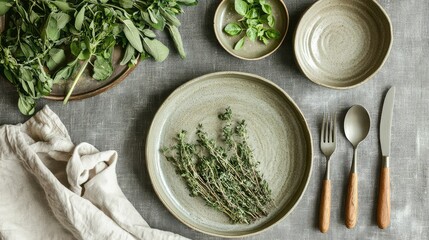 A set of handmade ceramic plates with organic shapes, arranged on a dining table with fresh herbs.