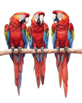 Three colorful scarlet macaw parrots perched on a branch, watercolor illustration on a white background