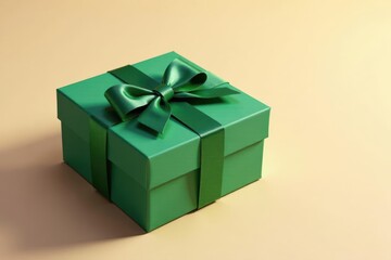 A luxuriously wrapped emerald green present box adorned with a meticulously tied satin ribbon bow, signifying a thoughtful gift or special occasion