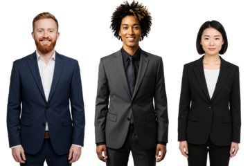 A diverse group of three young adult business professionals, including a man with red hair and beard, a person with curly hair, and an Asian woman, standing in suits against a transparent background.