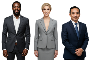 Studio portrait of a diverse group of three business professionals in their 30s-50s: a Black man, a Caucasian woman, and an Asian man, all wearing suits and smiling.