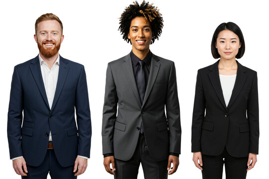 A diverse group of three young adult business professionals, including a man with red hair and beard, a person with curly hair, and an Asian woman, standing in suits against a transparent background.