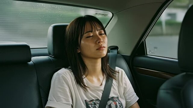 移動している車内後部座席に座って、熱中症に苦しむ10代女性