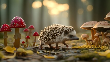 Fototapeta premium Woodland creature amidst autumnal fungi.