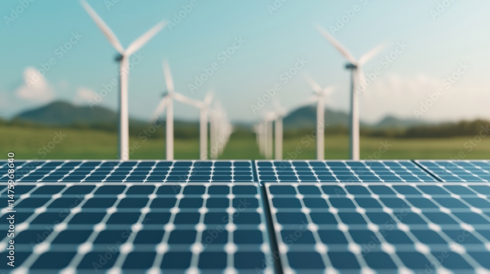 Aufkleber solar panels in the foreground with wind turbines generating clean energy in a green field under a c