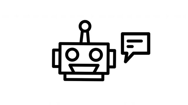Animated black and white chatbot icon suitable for website designs, social media graphics, tech presentations, and chatbotrelated content