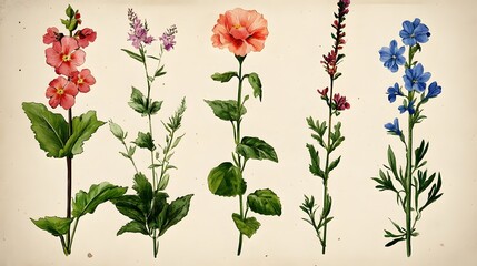 Botanical illustration of four flowering plants in various hues.