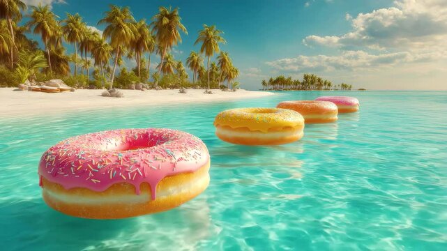 Giant colorful donuts float clear turquoise water near tropical beach with palm trees bright sky and giant donuts used as swimming floats summer
