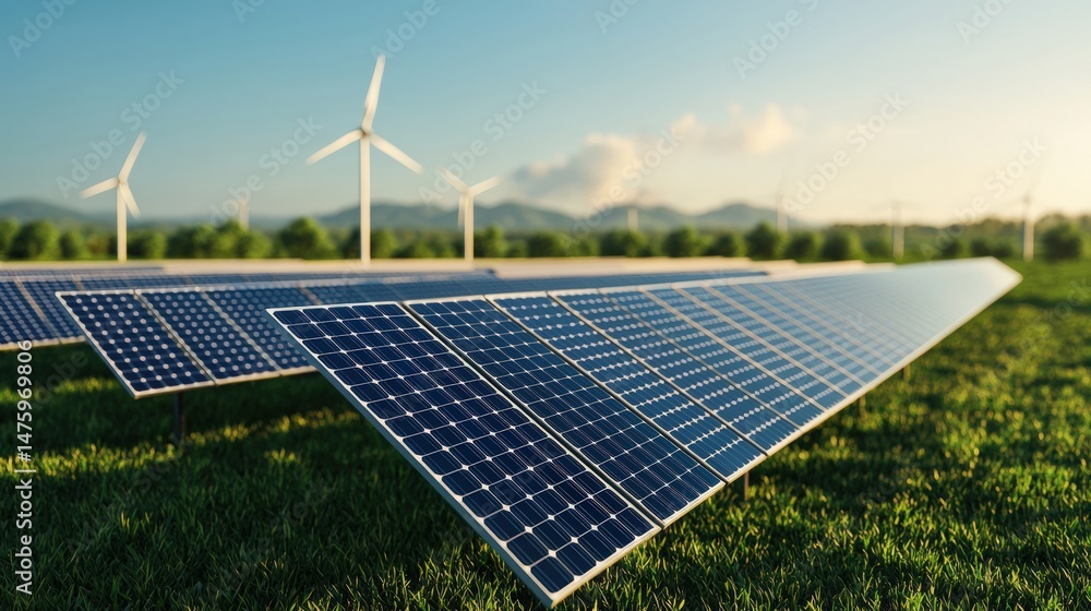 Aufkleber modern solar panels and wind turbines are producing clean energy in a green field, representing a su