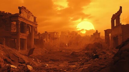 Dramatic cityscape ruins under a hazy sun, post-apocalyptic or dystopian theme