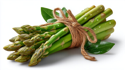 Fresh green asparagus spears bundled with twine and leaves, showcasing vibrant colors and