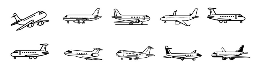 Airliner. Editable outline sketch of airplane. Stock vector illustration, Outline drawing plane in a flat style,