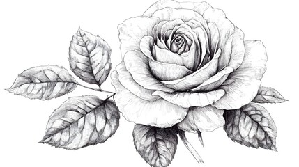 Detailed black and white drawing of a rose and leaves.