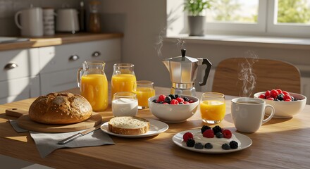 Enjoying Breakfast at Home with Fresh Fruit Juice and Bread
