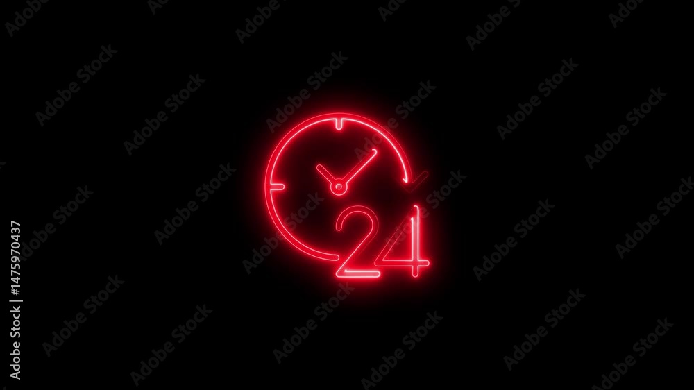 Poster red neon sign clock with 24 hours indicating round the clock availability
