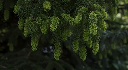 Fototapeta premium Evergreen Tree Branches with Fresh Green Needles in Natural Light