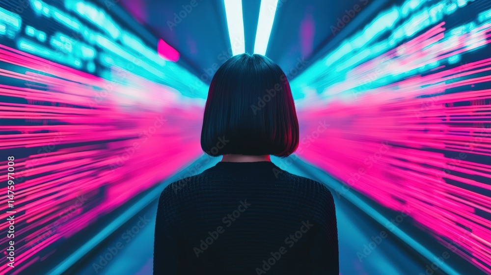 Aufkleber Programmer walks through a vibrant, fast-moving data tunnel, symbolizing internet speed and innovation
