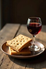 Naklejka premium Rustic Still Life A glass of red wine rests beside a plate of square, golden-brown biscuits on a weathered wooden surface.