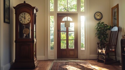 A single grandfather clock in an entryway, ticking softly as you walk by.