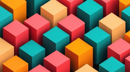 Obraz premium Colorful geometric cubes arranged in a patterned layout with vibrant hues of pink, orange, and teal tones