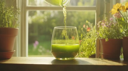 A glass of water with a greenish liquid is being poured from the top, standing on an office window sill against the backdrop of spring nature outside the windows. 