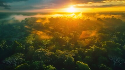 Fototapeta premium Stunning aerial shot of a vibrant rainforest bathed in golden sunlight at sunrise.