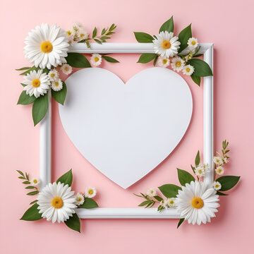frame with flowers. empty mockup abstract festive background with flowers and a hearten shape frame happy Mother day. wedding day invitation empty text copy space.