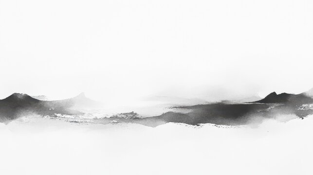 Abstract mountain landscape in Japanese sumi-e ink wash style on a white background