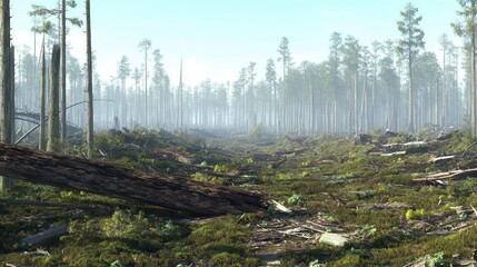 A digitally rendered scene of a deforestation area.