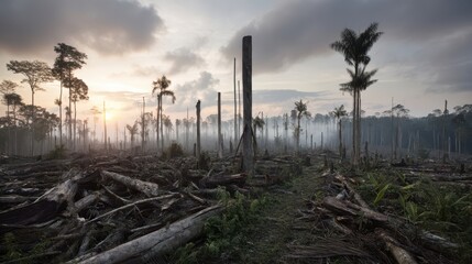 Fototapeta premium Sunrise over a ravaged tropical forest landscape.