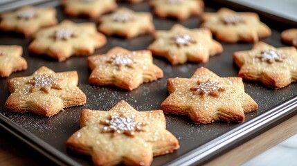 Freshly Baked Star Shaped Cookies on Baking Tray with Icing Sugar and Decorative Nuts