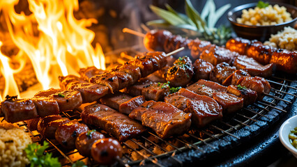 Grilled BBQ Skewers Over Open Flame &ndash; Smoky Outdoor Barbecue Feast, meat on the grill
