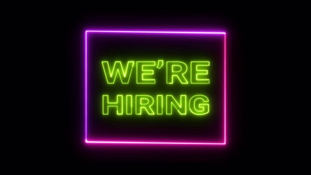 we are hiring neon template animation on black background, we're hiring neon glowing with square shape.