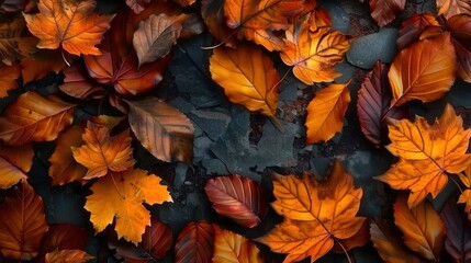 Fototapeta premium Vibrant autumn leaves in warm orange and brown tones create a beautiful seasonal background.