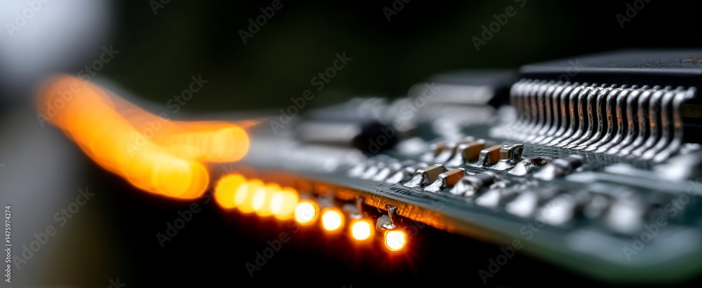 Poster close-up of electronic circuit board with illuminated components